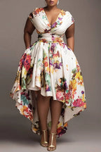 Xpluswear Design Plus Size Wedding Guest White Floral Wrap Neck High Low Hem Pocket Midi Dresses