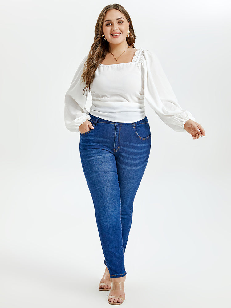 Solid Square Neck Lantern Sleeve Blouse