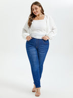 Solid Square Neck Lantern Sleeve Blouse