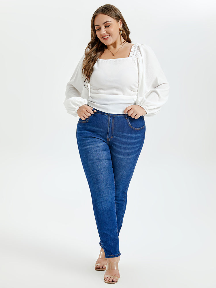 Solid Square Neck Lantern Sleeve Blouse