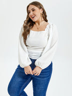 Solid Square Neck Lantern Sleeve Blouse