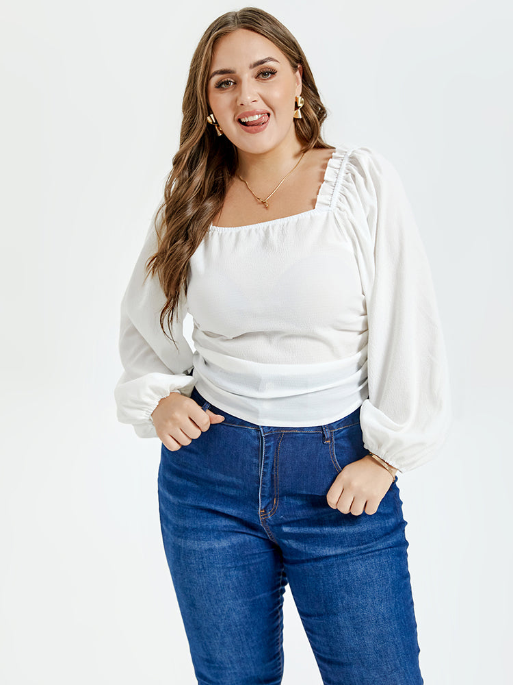 Solid Square Neck Lantern Sleeve Blouse
