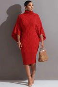 Xpluswear Design Plus Size Business Casual Red High Collar Flare Long Sleeve Bodycon Elegant Crochet Midi Dresses