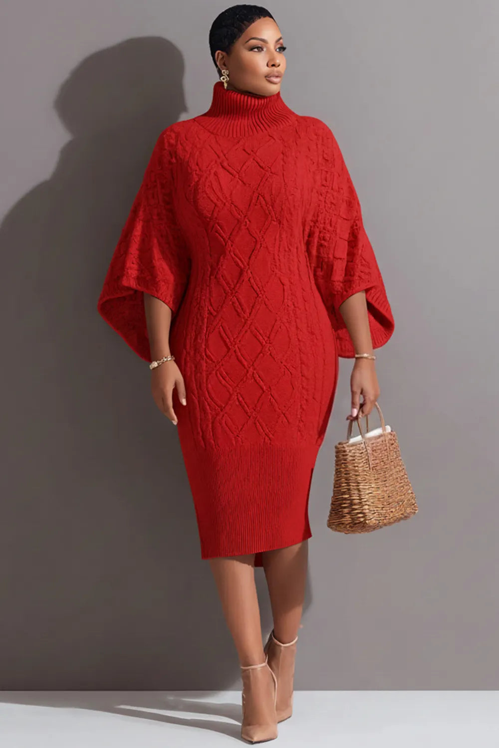 Xpluswear Design Plus Size Business Casual Red High Collar Flare Long Sleeve Bodycon Elegant Crochet Midi Dresses