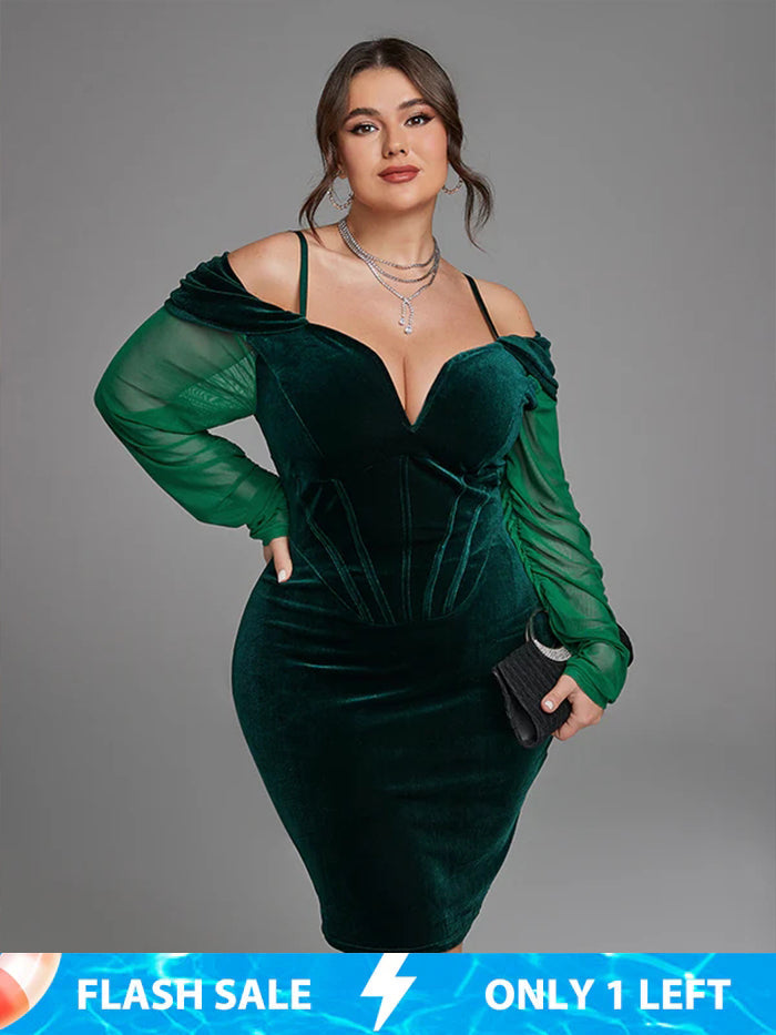 Contrast Mesh Cold Shoulder V Neck Velvet Dress