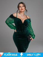 Contrast Mesh Cold Shoulder V Neck Velvet Dress