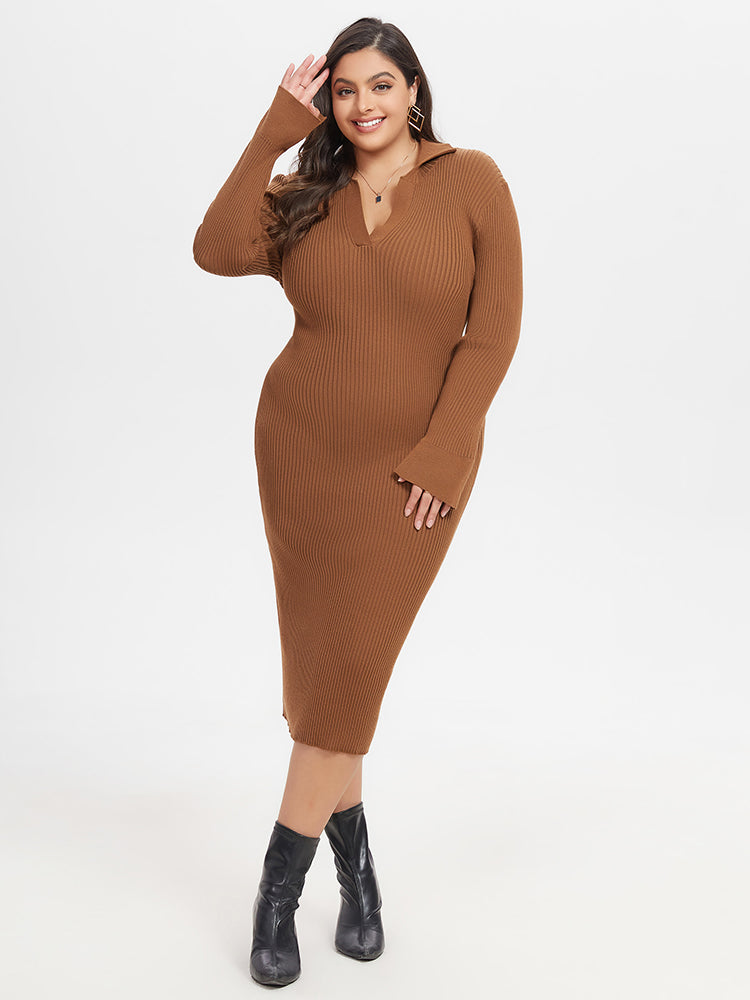 VIP Ribbed Knit Split Midi Sweater Dress