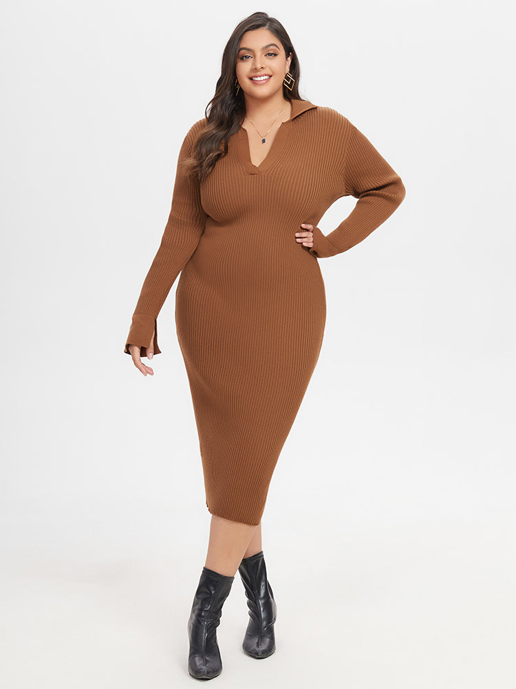 VIP Ribbed Knit Split Midi Sweater Dress
