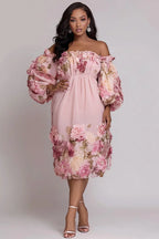 Xpluswear Design Plus Size Cocktail Party Pink Floral Off The Shoulder 3D Chiffon Midi Dresses