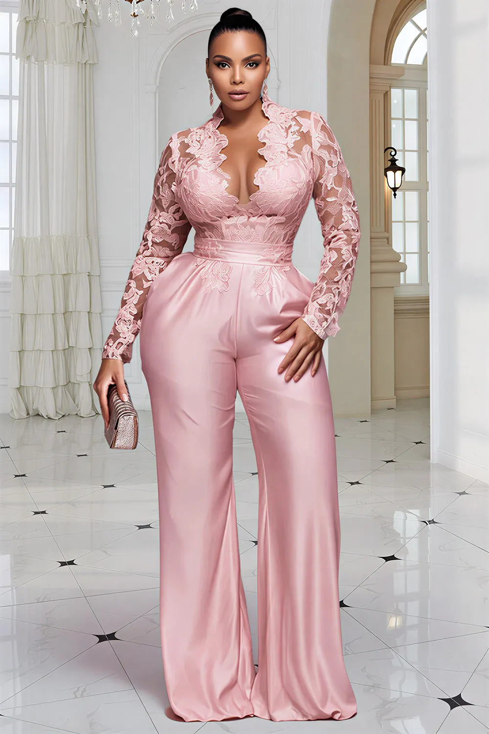 Xpluswear Design Plus Size Cocktail Party Pink V Neck Long Sleeve Pocket See Through Satin Jumpsuits