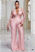Xpluswear Design Plus Size Cocktail Party Pink V Neck Long Sleeve Pocket See Through Satin Jumpsuits