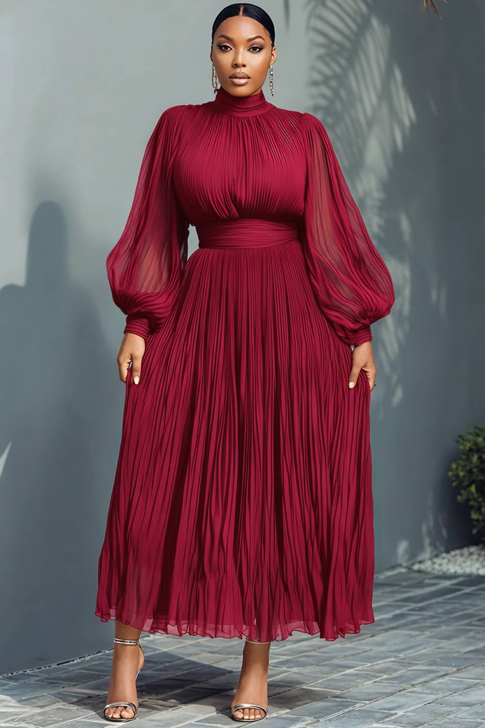 Xpluswear Design Plus Size Churchs Navy Blue Mock Neck Lantern Sleeve Long Sleeve See Through Elegant Ruffled Midi Dresses