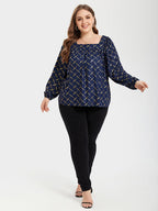 VIP Allover Print Square Neck Lantern Sleeve Blouse