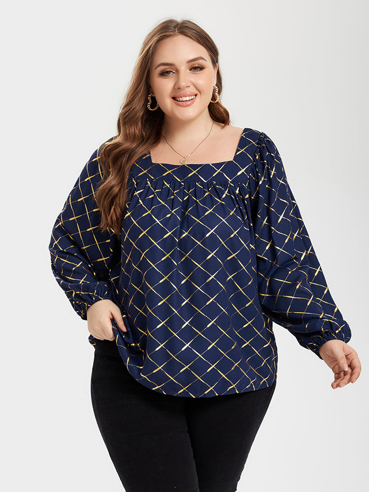 VIP Allover Print Square Neck Lantern Sleeve Blouse