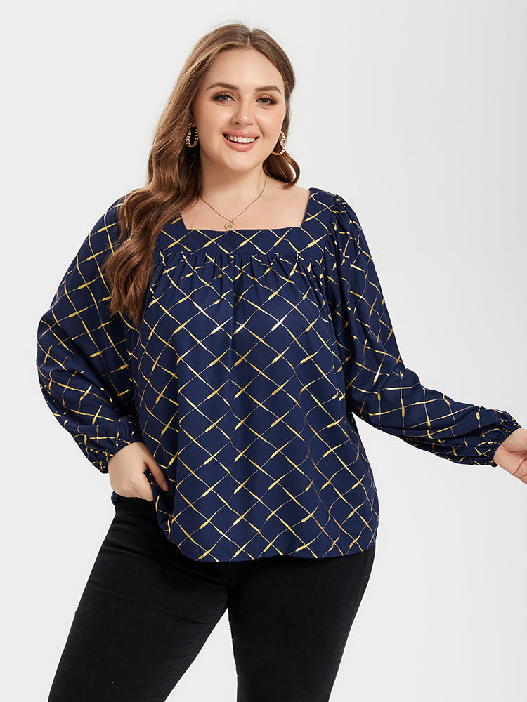 VIP Allover Print Square Neck Lantern Sleeve Blouse