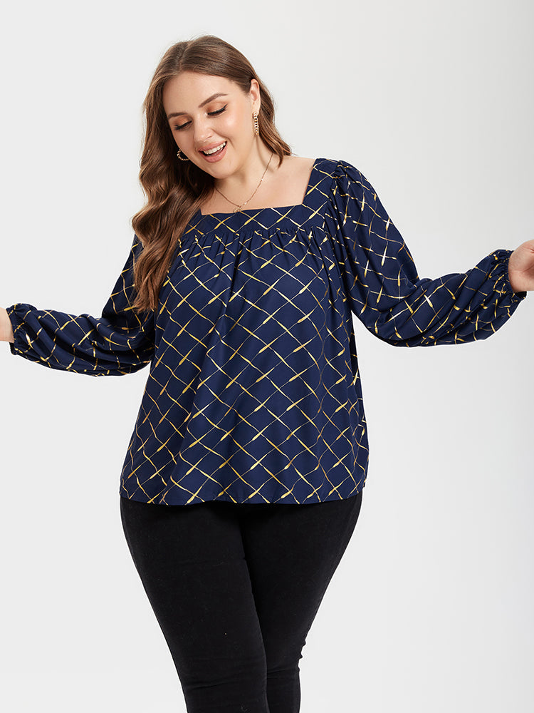 VIP Allover Print Square Neck Lantern Sleeve Blouse