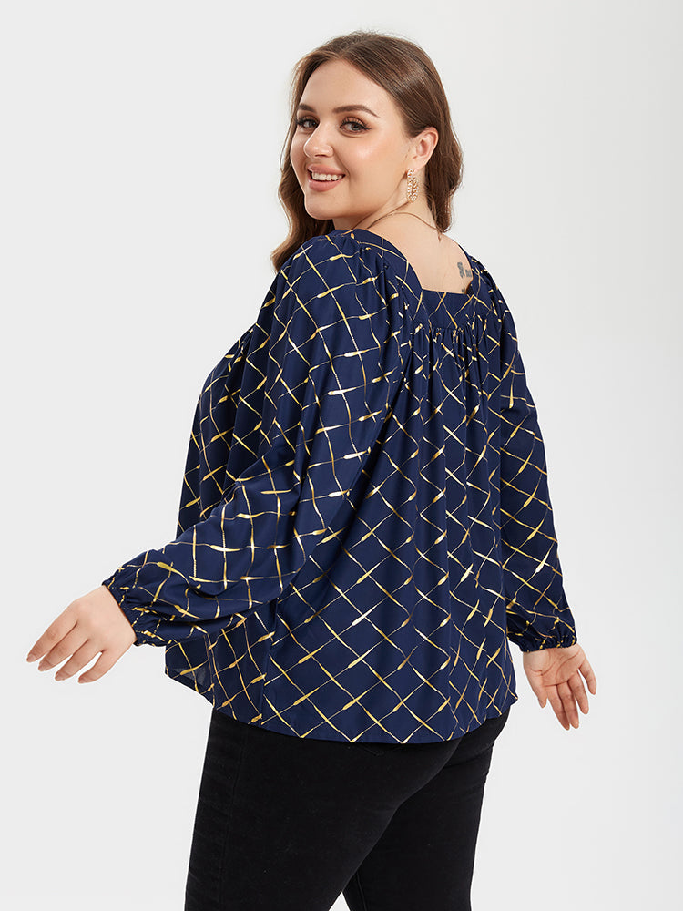 VIP Allover Print Square Neck Lantern Sleeve Blouse