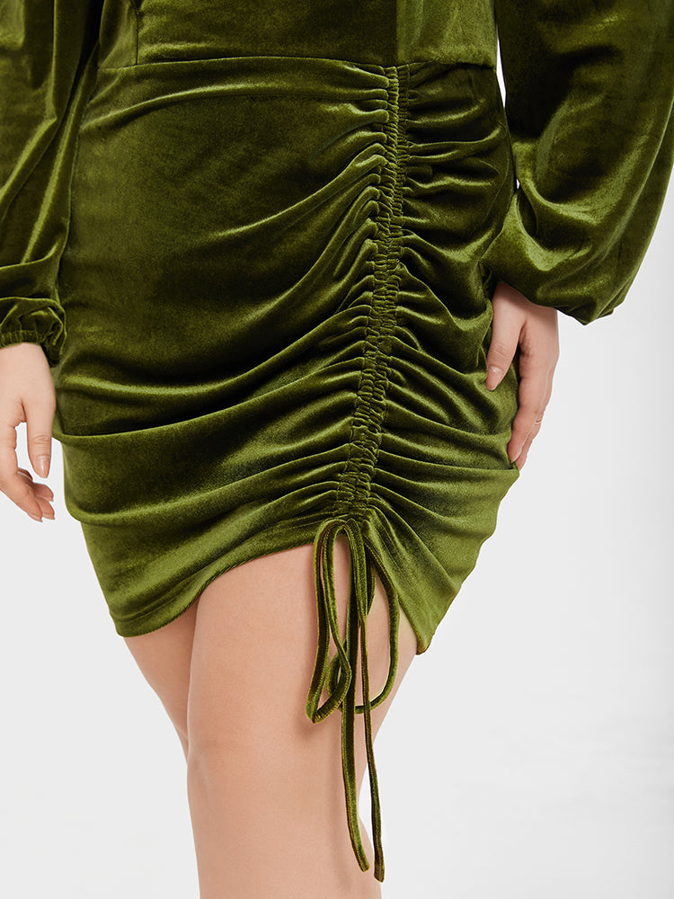 VIP Lantern Sleeve Drawstring Side Velvet Bodycon Dress