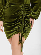 VIP Lantern Sleeve Drawstring Side Velvet Bodycon Dress