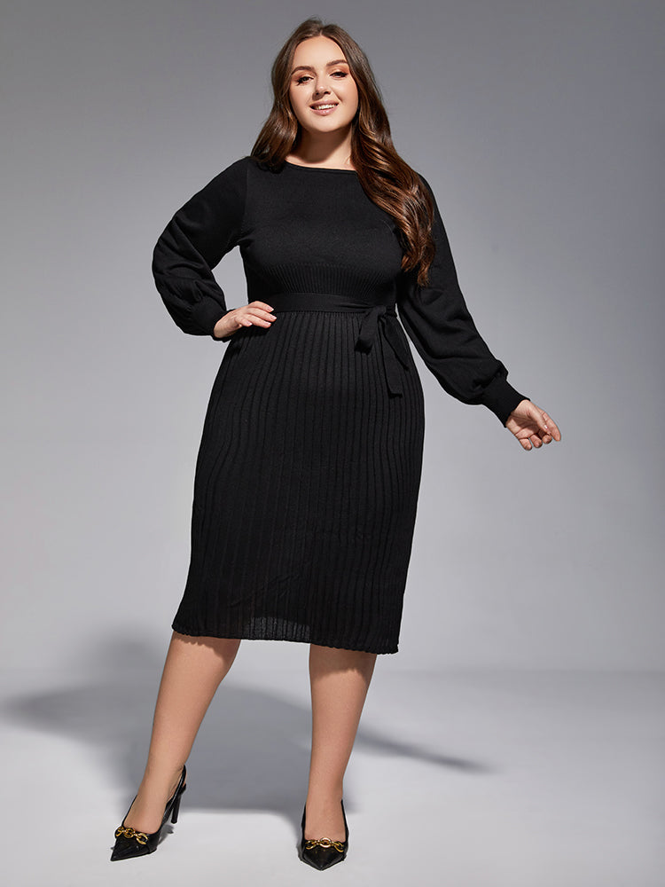VIP Plus Black Solid Tie Lantern Sleeves Midi Knit Dress