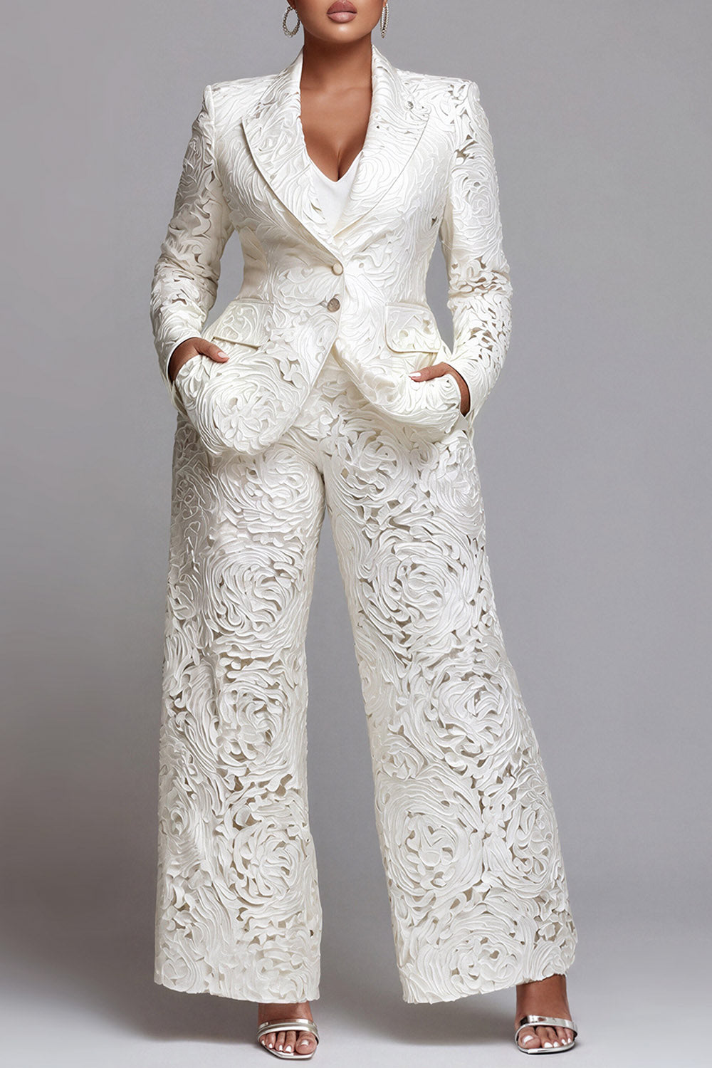 Xpluswear Design Plus Size Formal White Lapel Collar Long Sleeve Pocket Wide Leg Two Piece Pant Suits
