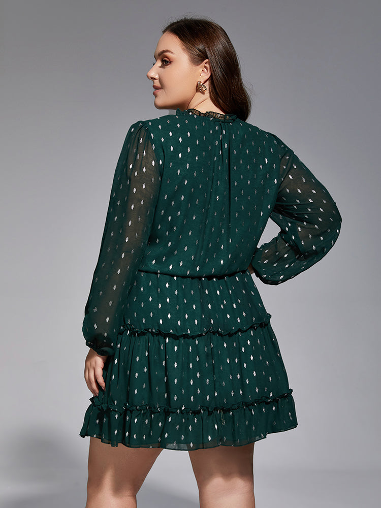 Plus Polka Dot Tie Neck Tiered Dress