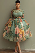 Xpluswear Design Plus Size Vacation Sage Green Floral Round Neck 3/4 Sleeve See Through Tulle Midi Dresses