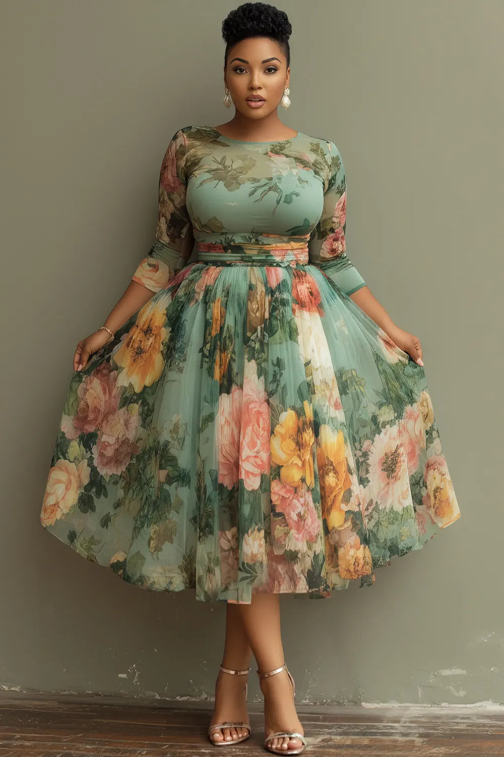 Xpluswear Design Plus Size Vacation Sage Green Floral Round Neck 3/4 Sleeve See Through Tulle Midi Dresses