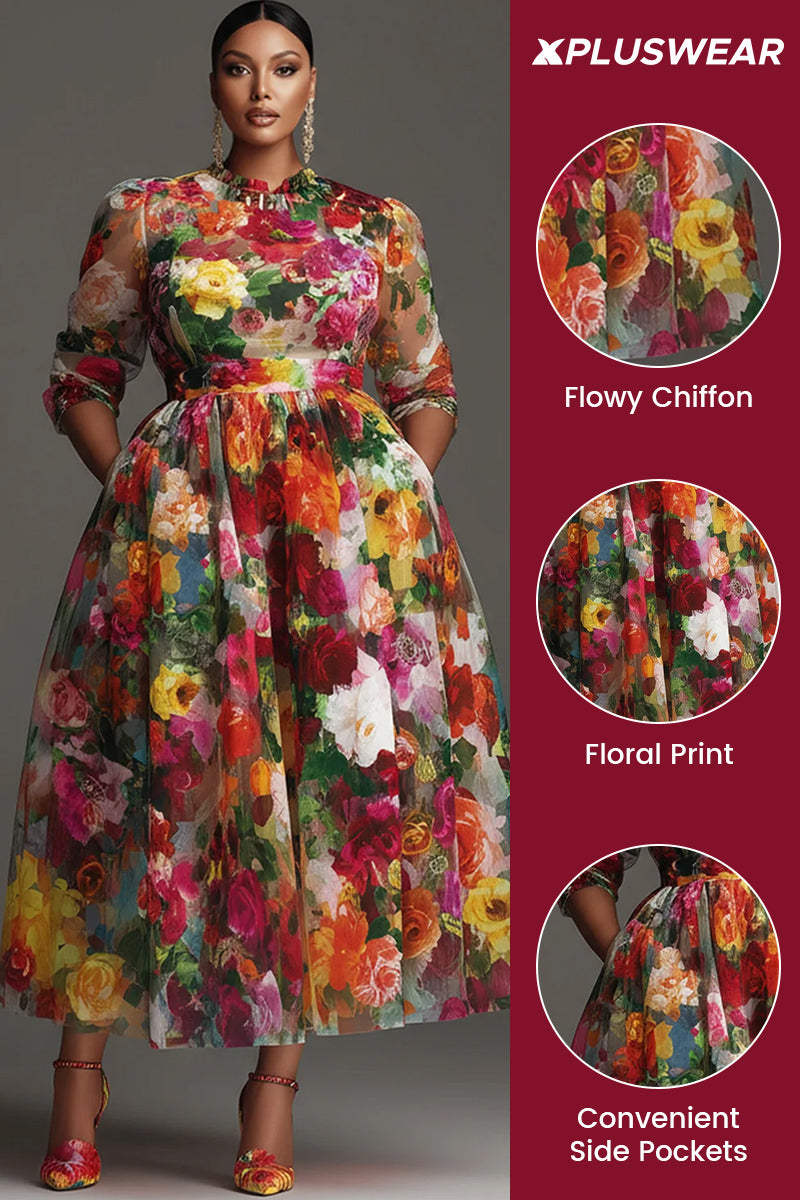 Xpluswear Design Plus Size Cocktail Party Multicolor Floral Round Neck Long Sleeve Pocket Chiffon Midi Dresses