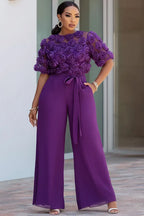 Xpluswear Design Plus Size Formal Purple Round Neck Short Sleeve 3D Wide Leg Jumpsuits