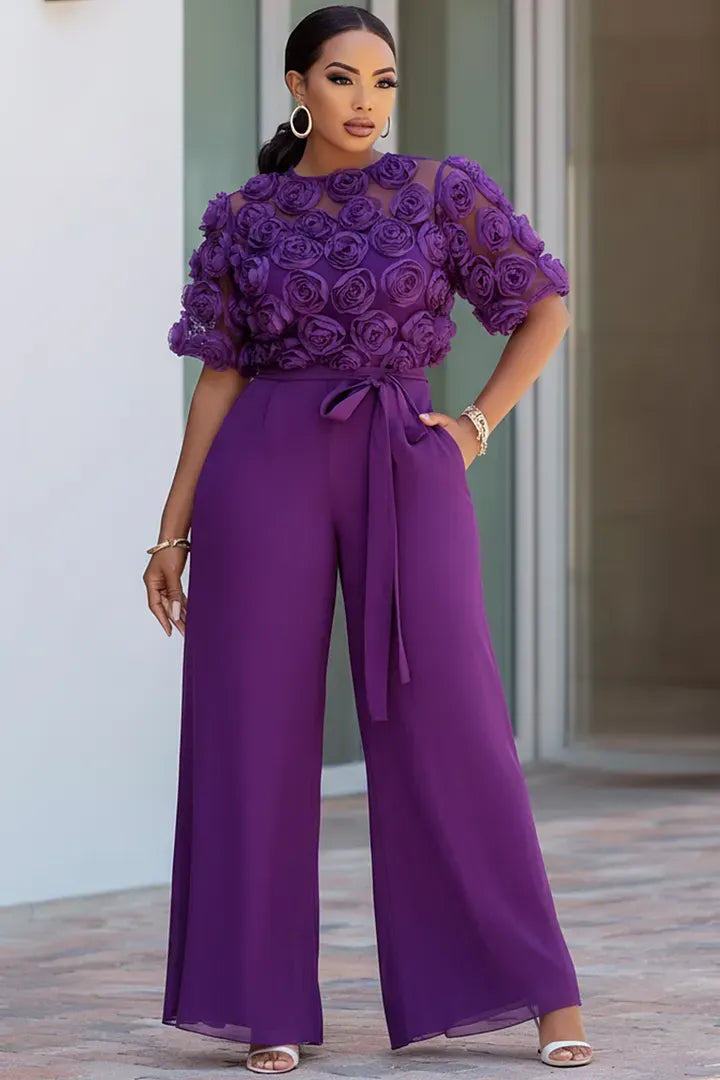 Xpluswear Design Plus Size Formal Purple Round Neck Short Sleeve 3D Wide Leg Jumpsuits