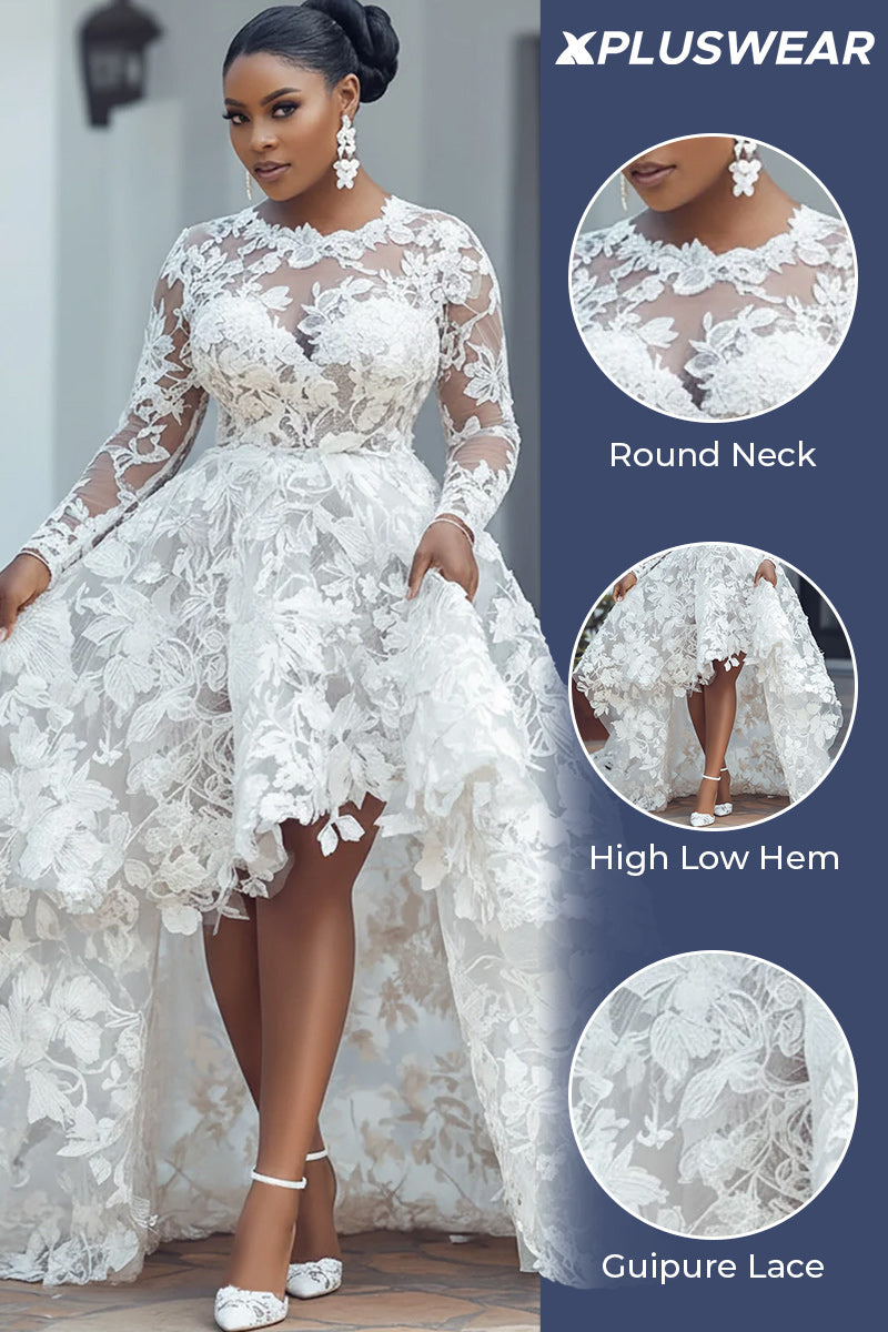 Xpluswear Design Plus Size Wedding White Round Neck Long Sleeve See Through High Low Hem Guipure Lace Midi Dresses