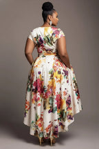 Xpluswear Design Plus Size Wedding Guest White Floral Wrap Neck High Low Hem Pocket Midi Dresses