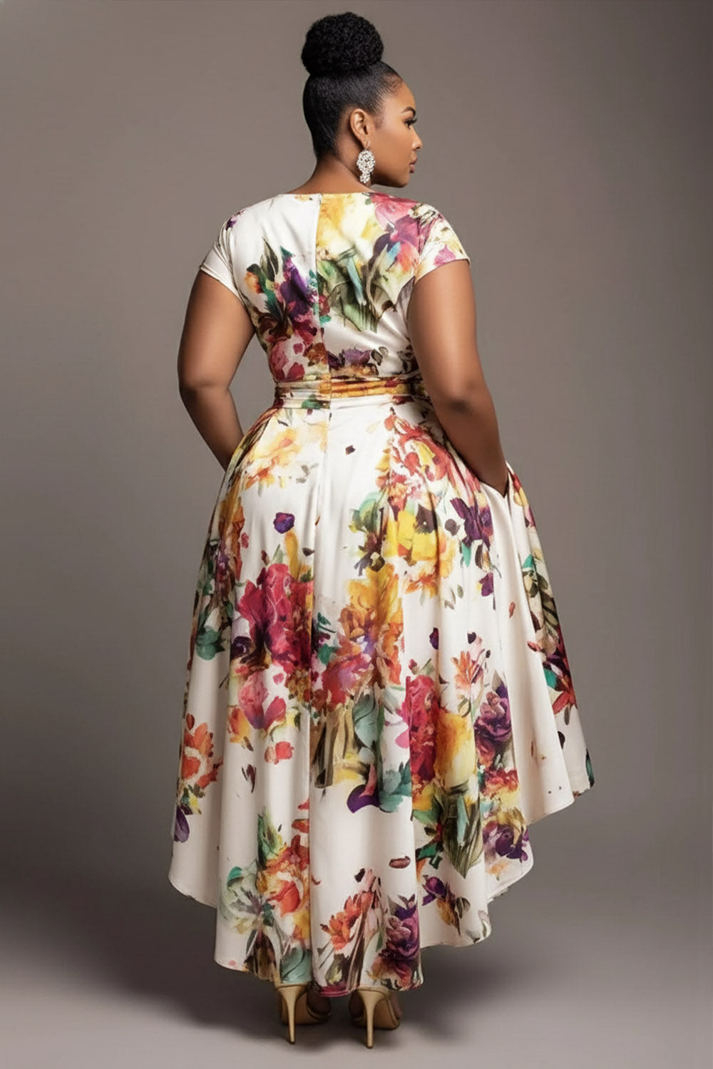 Xpluswear Design Plus Size Wedding Guest White Floral Wrap Neck High Low Hem Pocket Midi Dresses