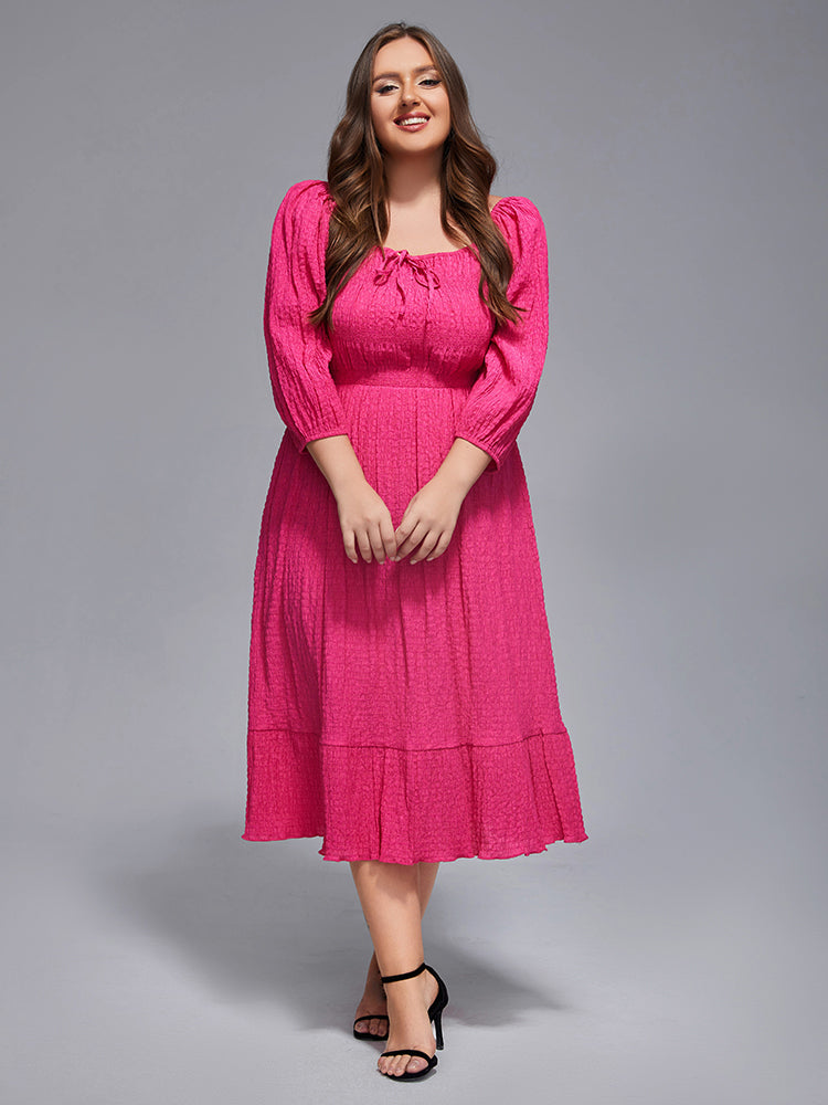 Plus Square Neck Puff Sleeves Shirred Midi Dress