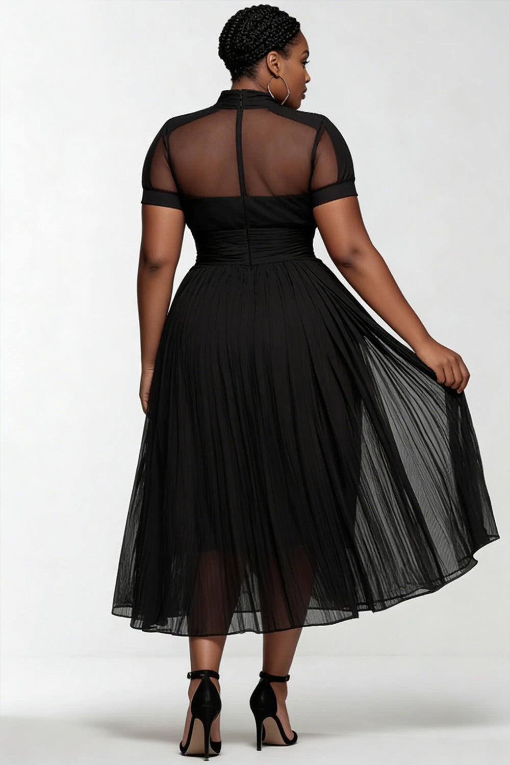 Xpluswear Design Plus Size Party Black V Neck Short Sleeve See Through Pleated Chiffon Midi Dresses