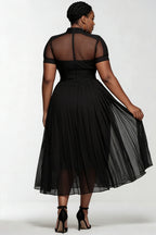 Xpluswear Design Plus Size Party Black V Neck Short Sleeve See Through Pleated Chiffon Midi Dresses