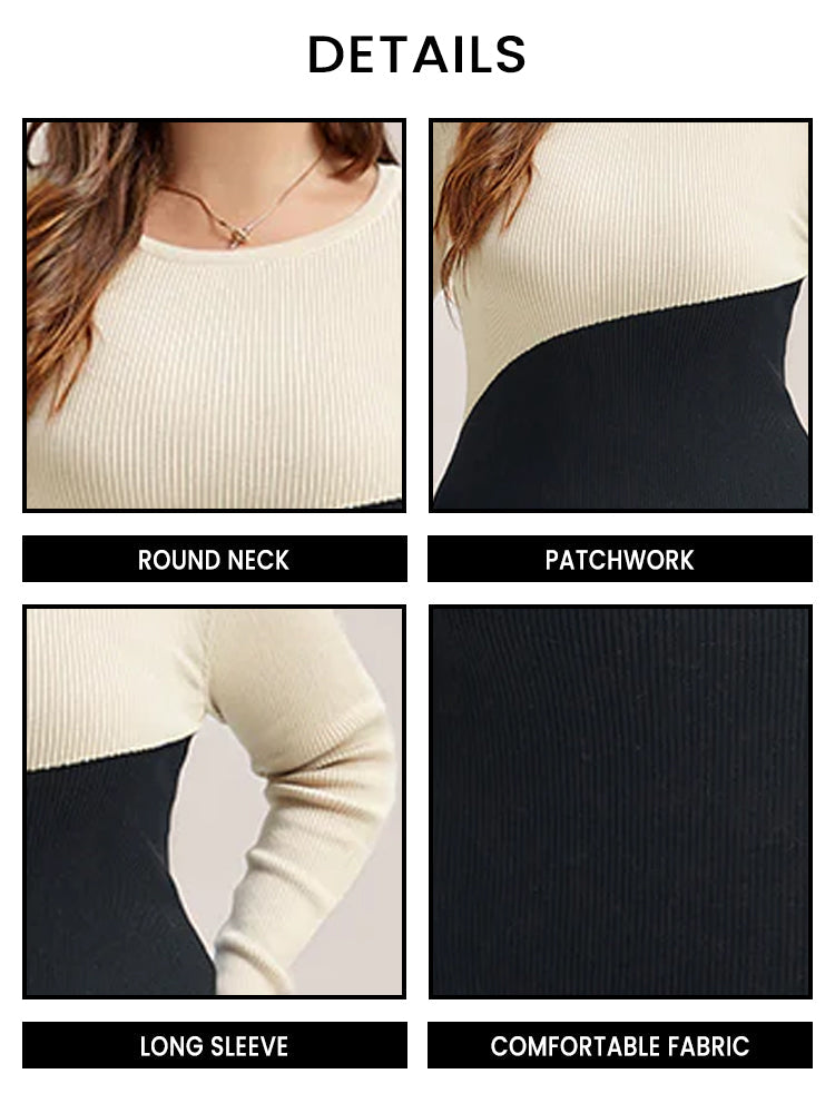 VIP Two Tone Round Neck Bodycon Midi Sweater Dress