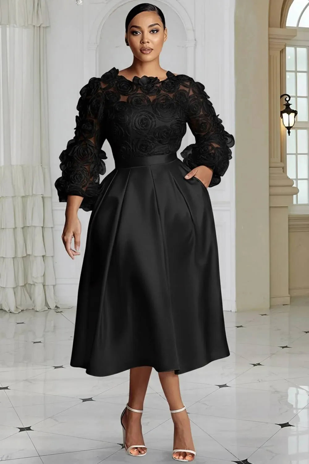 Xpluswear Design Plus Size Wedding White Round Neck 3/4 Sleeve 3D Elegant Pocket Satin Midi Dresses