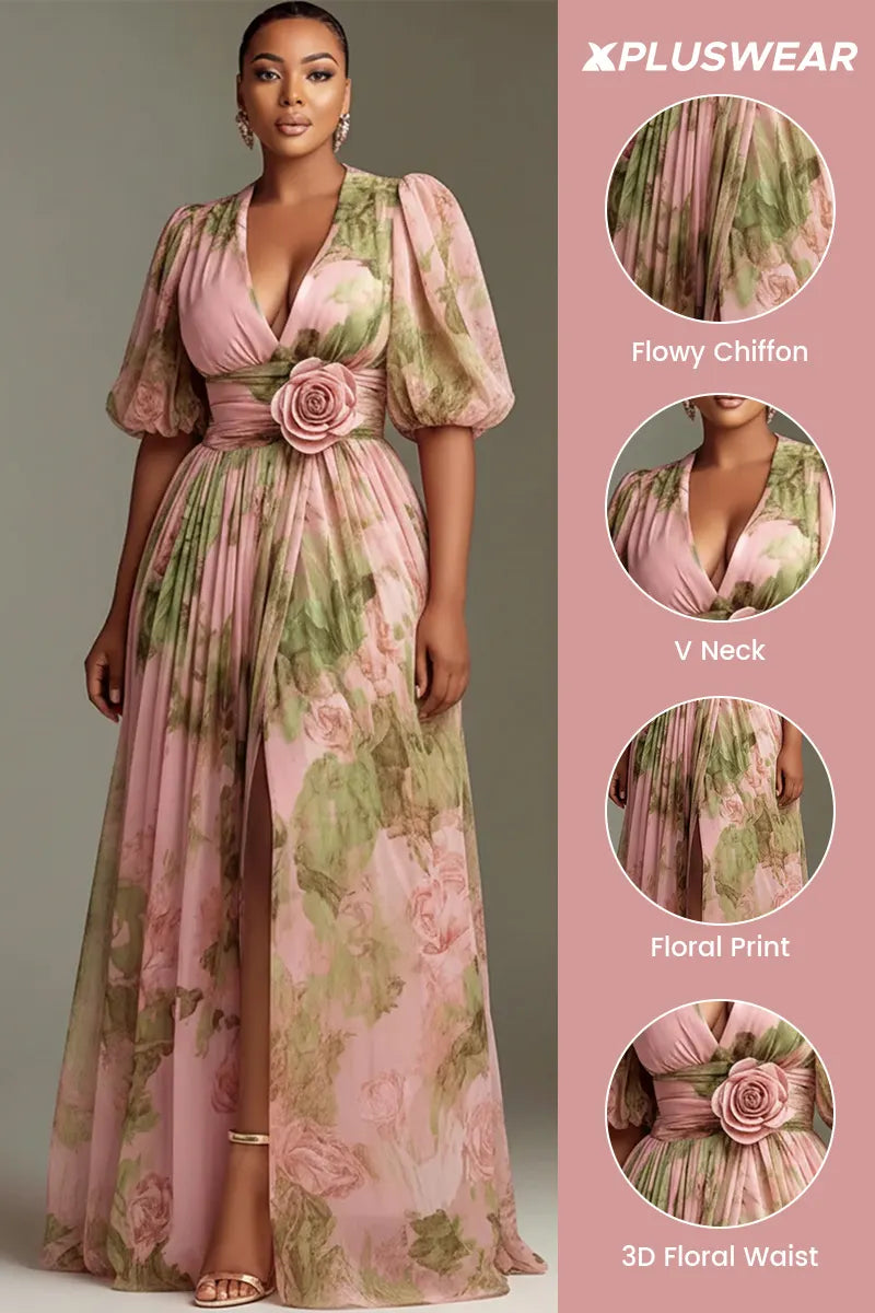 Xpluswear Design Plus Size Wedding Guest Peach Floral V Neck Puff Sleeve Short Sleeve 3D Split Chiffon Maxi Dresses