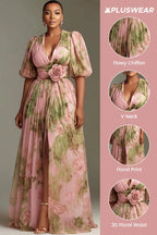 Xpluswear Design Plus Size Wedding Guest Peach Floral V Neck Puff Sleeve Short Sleeve 3D Split Chiffon Maxi Dresses
