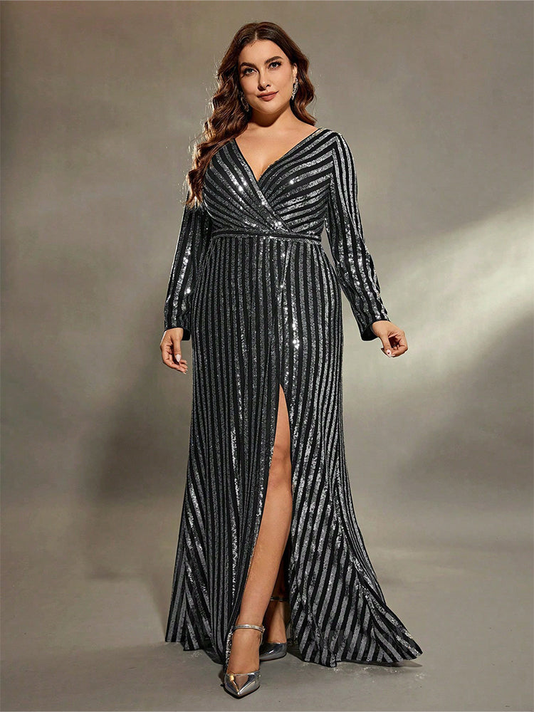 V-Neck Striped Split Dress