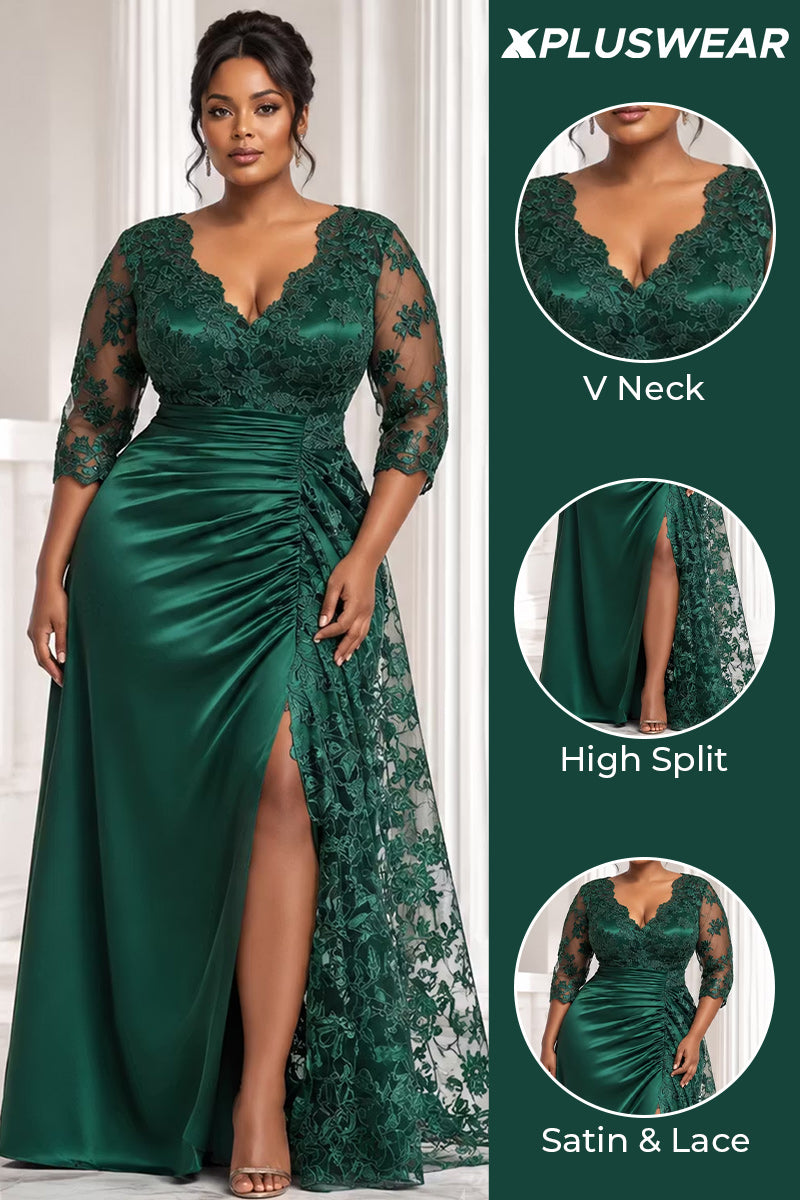 Xpluswear Design Plus Size Formal Satin Emerald Green V Neck 3/4 Sleeve Split Contrast Lace Maxi Dresses