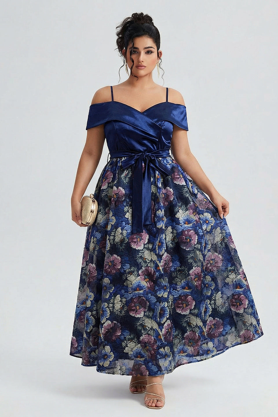 Curveins Plus Size Spaghetti Strap Off-Shoulder Printed Maxi Dress with Patchwork Detail