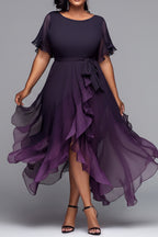 Xpluswear Design Plus Size Cocktail Party Black Gradient Round Neck Short Sleeve Asymmetric Hem Irregular Hem Chiffon Midi Dresses