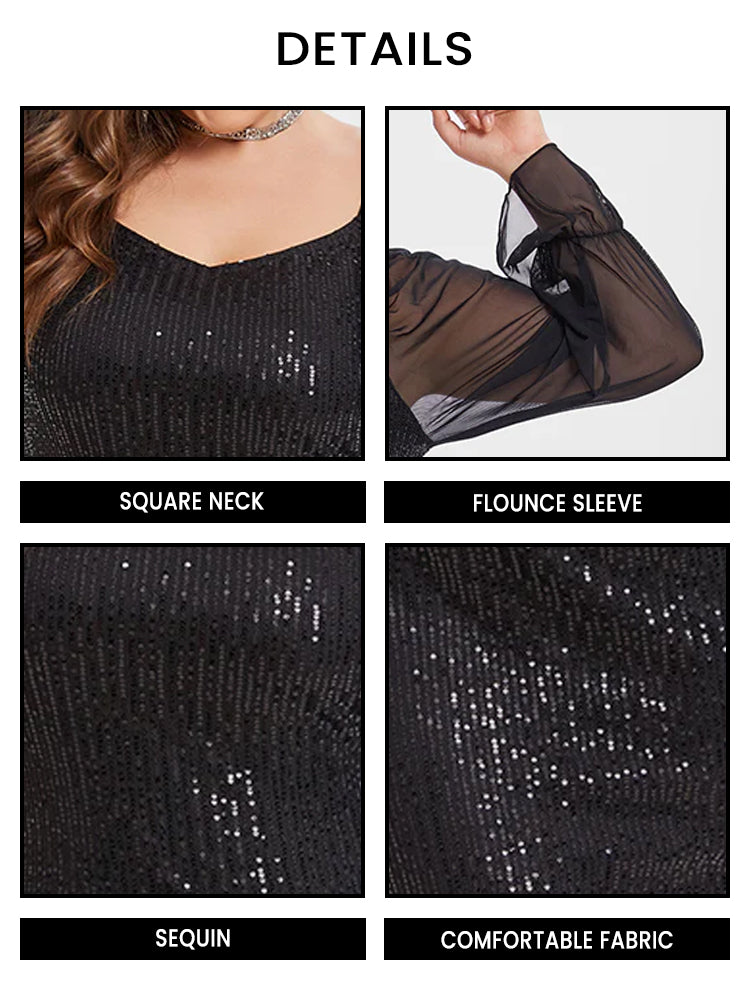 Contrast Mesh Flounce Sleeve Sequin Bodycon Dress