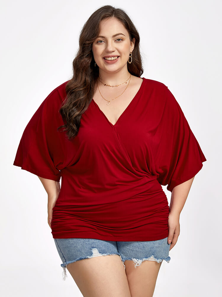 VIP Plus Plain Crisscross V Neck Ruched Hem Tee