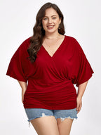 VIP Plus Plain Crisscross V Neck Ruched Hem Tee