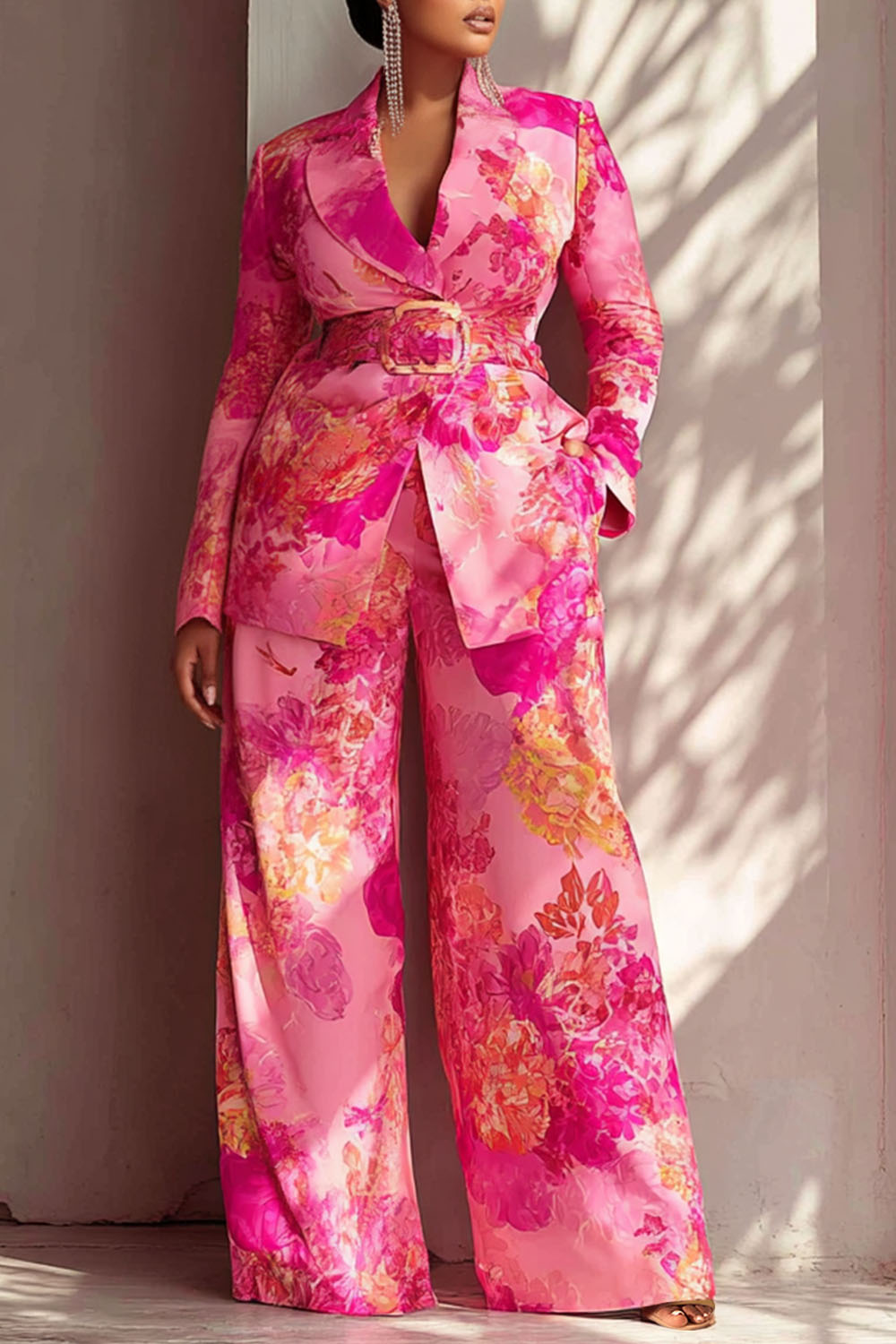 Xpluswear Design Plus Size Formal Hot Pink Turndown Collar Long Sleeve Pocket Satin Two Piece Pant Suits