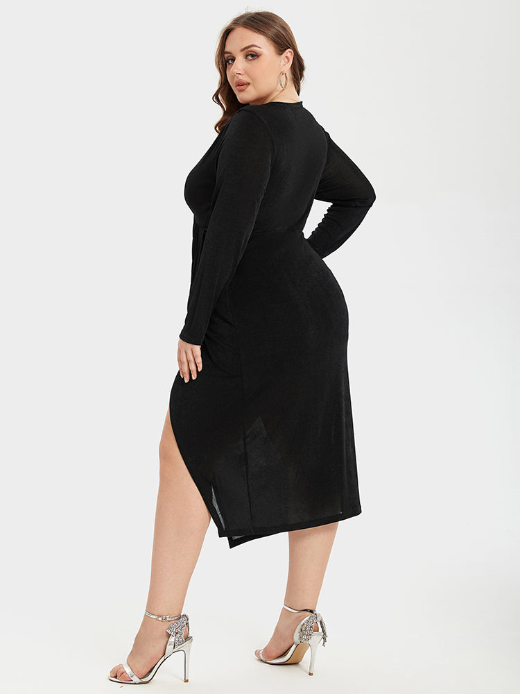 Solid Split Thigh V-Neck Ruched Midi Dress